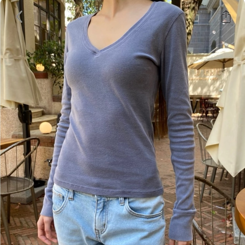 NWOT Brandy Melville Tania V-neck Top Dusty Blue Long Sleeve